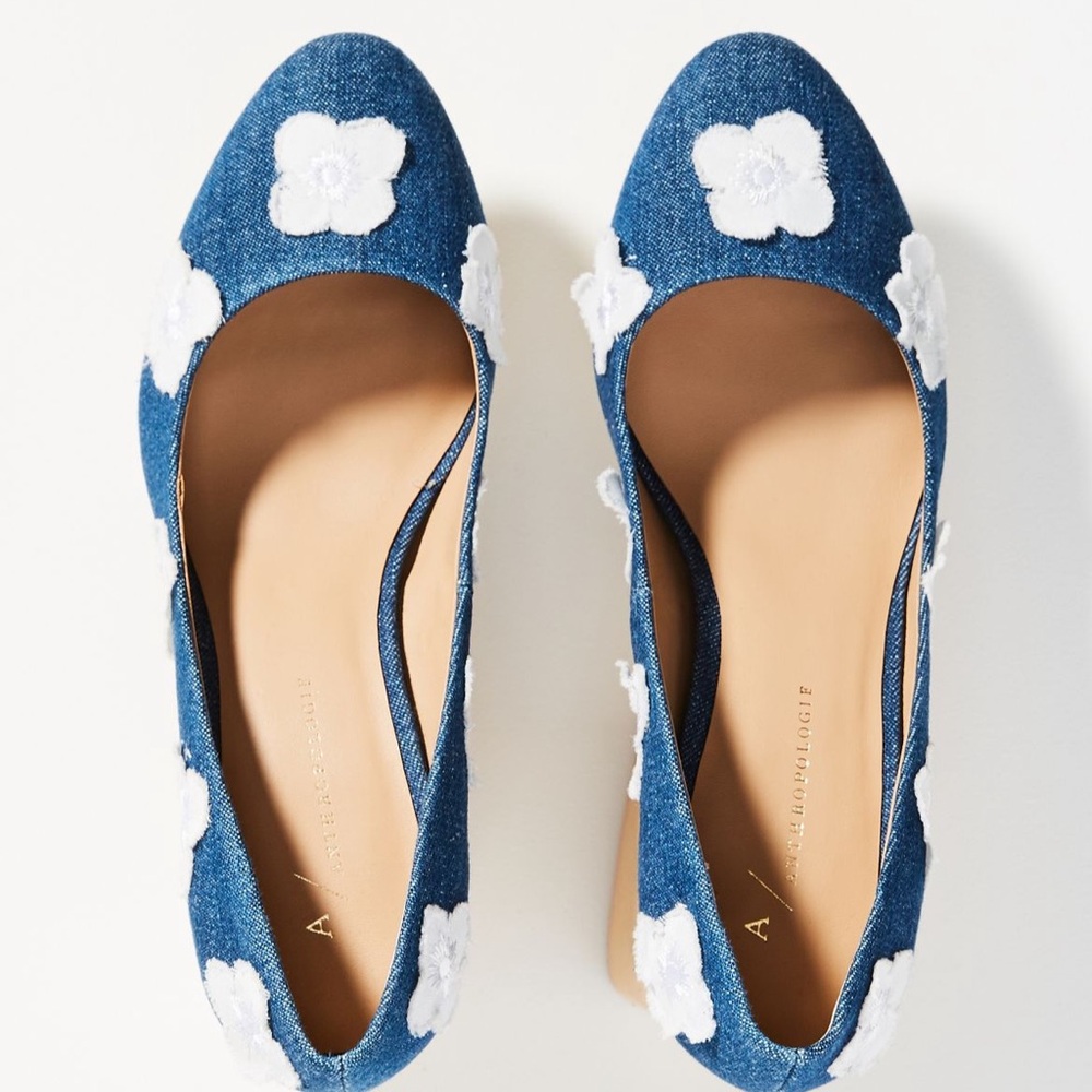Anthropologie Blue Denim Floral Appliqué Ballet Flat Size 9.  Used.